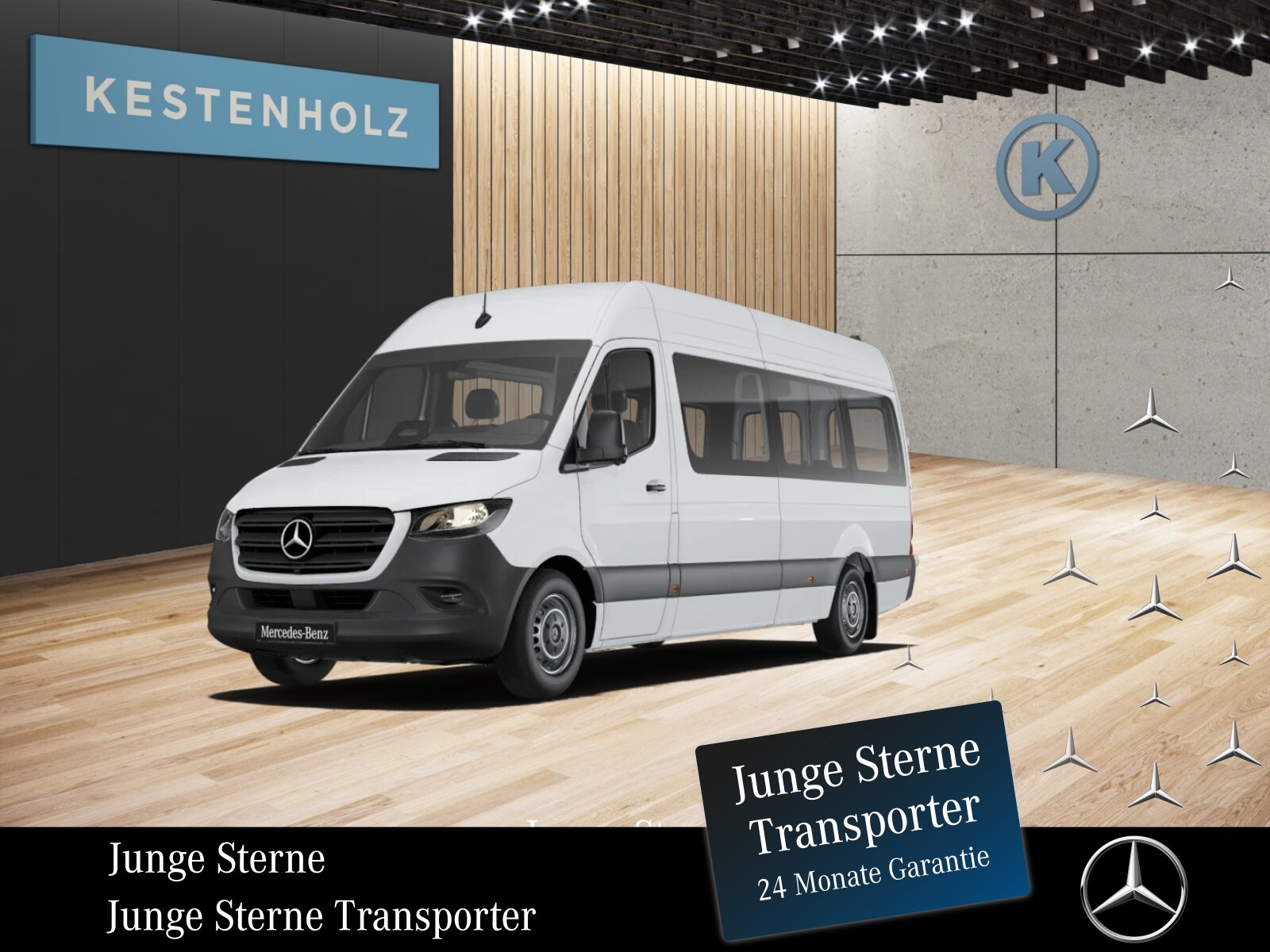 Ausstattungslinien und -Pakete:  Akustikpaket:  Park-Paket mit 360° Kamera:  Pro,   Sprinter TourerExterieur:  3,5 Tonner:  Abschleppöse hinten,   Auspuff gerade nach hinten,   Außenspiegel elektrisch heranklappbar:  Außenspiegel heizbar und elektrisch verstellbar,   Batterie-Hauptschalter einpolig,   Baureihe C907 / C910 Sprinter,   Baureihe C907 VS30 RWD:  Bereifung 235/65 R16 C,   Dritte Bremsleuchte:  Elektrik für Anhängersteckdose:  Fehlbetankungsschutz,   Fenster in Heckklappe / Hecktüren,   Fenster vorn links, fest in Seitenwand/Schiebetür,   Generator 14 V / 250 A:  Geräuschmaßnahmen,   Haupttank 93 Liter,   Heckscheibe heizbar:  Hecktüren, zweiflügelig, Öffnung bis Seitenwand:  Hochdach:  Kastenwagen mit Rundumverglasung,   Kombifahrzeug:  Komplettfahrzeug,   Kühlergrillrahmen in Wagenfarbe,   Länderausführung EU - EFTA - UK,   Längsträgerverstärkung,   Nebelscheinwerfer mit Abbiegelicht,   Radstand 4325 mm, Überhang kurz,   Rohbaumaßnahmen zusätzlich,   Rückfahrleuchte unten,   Schiebetür rechts:  Schmutzfänger hinten,   Schwingungstilger,   Seitliche Markierungsleuchten,   Steuercode Umstellung WLTP,   Steuercode Werk 155,   Wegfall Typkennzeichen,   Wegfall Verkaufsbezeichnung "Sprinter",   Wärmed. Glas mit Bandfilter an der Frontscheibe:Interieur:  Ablagefach mit Netz in Hecktüren,   Ablagefach unter Cockpit,   Ablage über Frontscheibe,   Armlehne für Beifahrersitz,   Armlehne für Fahrersitz:  Beifahrersitz verstellbar,   Cupholder vorn,   Einstieggriff an Ecksäule hinten rechts,   Fahrersitz,   Fenster fest Mitte links,   Fenster fest Mitte rechts,   Klappdeckel für Ablagefach,   Komfortkopfstütze Beifahrer,   Komfortkopfstütze Fahrer,   Kunststoffboden People Mover,   Linkslenker,   Radkastenvekleidung,   Sitzbelegungserkennung Fahrersitz:  Staunetz Beifahrersitzlehne,   Staunetz Fahrersitzlehne,   Steckdose 12 V Kofferraum / Laderaum,   Stoff Maturin schwarz:  Tachometer km/h,   USB-Steckdose 5 V:  Verkleidung Laderaum bis Brüstungsgurt Standard,   Vorrüstung Sitzkonfiguration 2/2/-,   Weitwurfdüsen in I-TafelMultimedia:  Digitale Betriebsanleitung,   Digitales Extra: Remote Services Plus,   Digitales Extra: Smartphone Integration,   Digitales Extra: Vorrüstung für Navigation,   Digitales Radio (DAB):  Kommunikationsmodul (LTE) für digitale Dienste:  MBUX Multimediasystem:  Mercedes-Benz Notrufsystem:  Vorrüstung Elektrik, parametrierbares SondermodulKomfort und Umwelt:  9G-TRONIC:  Abgasreinigung SCR Generation 4,   Abgasstufe E (für schwere Nutzfahrzeuge),   Aktiver Spurhalte-Assistent:  Attention Assist:  Aussentemperaturanzeige,   Berganfahrhilfe:  ECO Start-Stop Funktion:  Fahrlichtassistent,   Fahrwerk: Stabilisierung Stufe I,   Fahrwerk für Komfort und Ladegutschonung,   Fenster fest hinten links,   Fenster fest hinten rechts,   Intelligenter Geschwindigkeitsassistent (ISA),   Lenkrad in Neigung und Höhe verstellbar,   Motorausführung Euro VI:  Multi-Tasten Funkfernbedienung,   Multifunktionslenkrad:  Regensensor:  Seitenwind-Assistent:  Starthilfe - Kontakt,   Tempomat:  Totwinkel-Assistent:  Warmluft-Zusatzheizung elektrisch:  Warmwasser-Zusatzheizung:Sicherheit:  Airbag Fahrer,   Aktiver Brems-Assistent:  Beifahrerairbag,   Gurtwarneinrichtung für Fahrersitz,   HOLD-Funktion:  Reifendrucküberwachung an VA u. HA, drahtlos:  Thorax-Pelvis-Sidebag Beifahrer:  Thorax-Pelvis-Sidebag Fahrer,   Windowbags für Fahrer und Beifahrer:Zustand/Papiere:  Zulassung M1:Weiteres:  AEJ X5/1,   BEDIENUNGSANLEITUNG U. SERVICEHEFT-DEUTSCH,   Bezugsmasse mindestens 2381 kg notwendig,   Blinkleuchten flach, zusätzlich hinten auf Dach,   Bodengruppe Kombi:  Fahrzeug HVO fähig,   Fenster v. rechts, fest in Seitenwand/Schiebetür,   Fertigung Düsseldorf,   halbautomatisch geregelt Klimaanlage TEMPMATIC:  Hersteller Mercedes-Benz AG,   Kundenauftrag VdZ,   ohne Auf-/Ablastung  3.500 kg:  OM 654 DE 20 LA 110 kW (150 PS) 3800/min,   Pannenmanagement,   VIN codierte Fahrzeugdaten mit Prüfziffer,   Achsübersetzung i = 3,923,   Vorderachse mit erhöhter Traglast - Stufe I,   Zusatzbatterie für Nachrüstverbraucher,Innenraum.