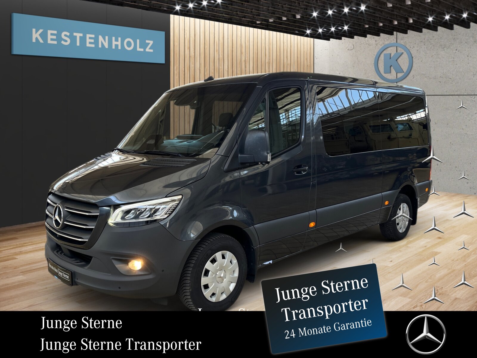 Ausstattungslinien und -Pakete:  Akustikpaket:  Ladepaket Instrumententafel,   Park-Paket mit 360° Kamera:  Sprinter Tourer,   Winter-Paket PlusExterieur:  3,5 Tonner:  Anhängersteckdose 13-Polig,   Auspuff gerade nach hinten,   Außenspiegel elektrisch heranklappbar:  Außenspiegel heizbar und elektrisch verstellbar,   Batterie-Hauptschalter einpolig,   Baureihe C907 / C910 Sprinter,   Baureihe C907 VS30 RWD:  Bereifung 235/65 R16 C,   Dritte Bremsleuchte:  Einstieggriff an Ecksäule hinten links,   Fenster in Heckklappe mit Wisch- und Waschanlage,   Fenster vorn links, fest in Seitenwand/Schiebetür,   Frontscheibe heizbar:  Geräuschmaßnahmen,   Haupttank 93 Liter,   Heckleuchten in Teil-LED-Technik,   Heckscheibe heizbar:  Kastenwagen mit Rundumverglasung,   Kombifahrzeug:  Komplettfahrzeug,   Kühlergrillrahmen in Wagenfarbe,   Kühlergrill verchromt,   LED High Performance-Scheinwerfer:  Länderausführung EU - EFTA - UK,   Längsträgerverstärkung,   Metallic-Lack:  Nebelscheinwerfer mit Abbiegelicht,   Querträger mit integriertem Auftritt,   Radstand 3665 mm:  Radvollabdeckung,   Reserverad,   Reserveradhalter unter Rahmenende,   Rohbaumaßnahmen zusätzlich,   Rückfahrleuchte unten,   Schiebetür rechts:  Schmutzfänger hinten,   Schmutzfänger vorn,   Schwingungstilger,   Seitliche Markierungsleuchten,   Steckdose im Fahrerhaus,   Steuercode Umstellung WLTP,   Steuercode Werk 155,   Vorderachse mit erhöhter Traglast:  Wärmed. Glas mit Bandfilter an der Frontscheibe:Interieur:  3er-Komfort-Sitzbank EASY-ENTRY in 1.Reihe im Fond,   Ablagefach mit Netz in Hecktüren,   Ablagefach unter Cockpit,   Ablage über Frontscheibe,   Armauflage, Fahrer- und Beifahrertür,   Armlehne für Beifahrersitz,   Armlehne für Fahrersitz:  Cupholder im Fahrgastraum,   Cupholder vorn,   Dachklimaanlage Basis,   Digitaler Innenspiegel,   Einstieggriff an Ecksäule hinten rechts,   Fahrersitzkasten, niedrig,   Haltegriffe für Einstieg Fahrer und Beifahrer,   Innenverkleidung Luxus,   Klappdeckel für Ablagefach,   Klappdeckel für Ablagefächer links und rechts,   Kleiderhaken im Fahrgastraum,   Komfort-Beifahrersitz:  Komfortkopfstütze Fahrer,   Komfortkopfstützen für Fahrgastraumsitze,   Kunststoffboden People Mover,   Lederlenkrad:  Linkslenker,   Lordosenstütze Fahrersitz,   Radkastenvekleidung,   Schwingsitz Komfortausführung, Fahrersitz:  Sitzbelegungserkennung Fahrersitz:  Sitzheizung für Beifahrer:  Sitzheizung für Fahrer:  Staunetz Beifahrersitzlehne,   Staunetz Fahrersitzlehne,   Steckdose 12 V Kofferraum / Laderaum,   Stoff Caluma schwarz,   Tachometer km/h,   USB-Steckdose 5 V:  Vorrüstung Sitzkonfiguration 3/3/-,   Weitwurfdüsen in I-Tafel,   Wärmeisolierung FahrerraumMultimedia:  Digitale Betriebsanleitung,   Digitales Extra: Festplatten-Navigation,   Digitales Extra: Remote Services Plus,   Digitales Extra: Smartphone Integration,   Digitales Radio (DAB):  Kommunikationsmodul (LTE) für digitale Dienste:  Live Traffic Information,   MBUX Multimediasystem:  Mercedes-Benz Notrufsystem:Komfort und Umwelt:  9G-TRONIC:  Abgasreinigung SCR Generation 4,   Abgasstufe E (für schwere Nutzfahrzeuge),   Aktiver Spurhalte-Assistent:  Attention Assist:  Aussentemperaturanzeige,   Berganfahrhilfe:  Colorverglasung im Fond, Schwarzglas:  ECO Start-Stop Funktion:  Fahrlichtassistent,   Fahrwerk: Stabilisierung Stufe I,   Fahrwerk für Komfort und Ladegutschonung,   Fenster fest hinten links,   Fenster fest hinten rechts,   Fernlichtassistent,   Hydraulik - Wagenheber,   Intelligenter Geschwindigkeitsassistent (ISA),   Kindererkennung im Fahrzeug passiv,   Lenkradheizung:  Lenkrad in Neigung und Höhe verstellbar,   Motorausführung Euro VI:  Multi-Tasten Funkfernbedienung,   Multifunktionslenkrad:  Regensensor:  Seitenwind-Assistent:  Starthilfe - Kontakt,   Totwinkel-Assistent:  Verkehrszeichen-Assistent:  Warmluft-Zusatzheizung elektrisch:Sicherheit:  Airbag Fahrer,   Aktiver Abstands-Assistent DISTRONIC:  Aktiver Brems-Assistent:  Beifahrerairbag,   elek. Feststellbremse,   Gurtwarneinrichtung für Fahrersitz,   HOLD-Funktion:  Reifendrucküberwachung an VA u. HA, drahtlos:  Thorax-Pelvis-Sidebag Beifahrer:  Thorax-Pelvis-Sidebag Fahrer,   Wet Wiper System,   Windowbags für Fahrer und Beifahrer:Zustand/Papiere:  Zulassung M1:Weiteres:  3er-Komfort-Sitzbank in 2. Reihe im Fond,   230 V Steckdose,   AEJ X4/1,   Änderungsjahr G4-I.