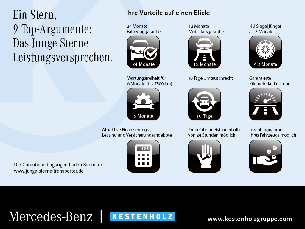 Getriebe: Schaltgetriebe, 6 G&auml;ngeAssistenzsysteme: Bremsassistent,  Tempomat,  Fahrlichtautomatik,  Einparkhilfe hinten: Park-Paket,  R&uuml;ckfahrkamera,  Berganfahrhilfe,  Fernlichtassistent,  ATTENTION ASSISTLicht und Sicht: Regensensor,  W&auml;rmeschutzverglasung,  Tagfahrlicht,  LichtsensorAudio &amp; Kommunikation: Navigationssystem: Navigation Plus, Navigations-Paket,  Digitaler Radioempfang DAB,  Multi-Funktions-Display,  USB Anschluss, Bluetooth Audiostreaming,  Handyvorbereitung Bluetooth,  Kabelloses Laden f&uuml;r Handys,  Smartphone-App Integration,  MBUXExterieur: Leichtmetallfelgen 18 Zoll,  Au&szlig;enspiegel elekt. und beheizt,  Heckt&uuml;ren 180&deg; &Ouml;ffnungswinkel,  Schiebet&uuml;r rechts,  NotrufsystemSicherheit: Fahrer- /Beifahrerairbag,  Seitenairbag vorn,  Kopfairbag vorn,  Elektr. Stabilit&auml;tsprogramm ESP,  Antriebsschlupfregelung ASR,  Antiblockiersystem ABS,  Wegfahrsperre,  i-Size KindersitzbefestigungInterieur: Sitze Stoff Norwich schwarz,  Innenfarbe schwarz,  Multifunktions-Lederlenkrad,  Bordcomputer,  Trennwand,  Laderaumboden HolzKomfort: Klimaanlage,  Fahrer-/Beifahrersitz h&ouml;henverstellbar,  Armauflage Fahrer/Beifahrer,  Sitzheizung Fahrer/Beifahrer,  Servotronic,  Lenks&auml;ule verstellbar,  Lordosenst&uuml;tze Fahrer,  Fensterheber elektrisch 2-fach,  Zentralver. mit Fernbedienung,  Start-Stopp SystemWeitere Ausstattung: MW4 MOTOR OM 608.9 DE 15 LA 55 KW (75PS),  9147 arktikwei&szlig;,  NM1 MB-NA 60 2b mit Flansch,  Hochlage,  M-DrehzahlSonstige Ma&szlig;e und Gewichte: Nutzlast: 410 kg,  zul&auml;ssiges Gesamtgewicht: 2.021 kg,  Radstand: 2.716 mmIrrt&uuml;mer und &Auml;nderungen vorbehalten